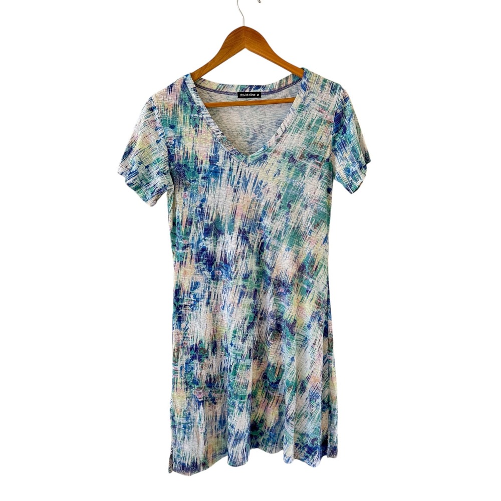 David Cline Crushed T Shirt Dress Womens M Blue Green Abstract Artsy Travel